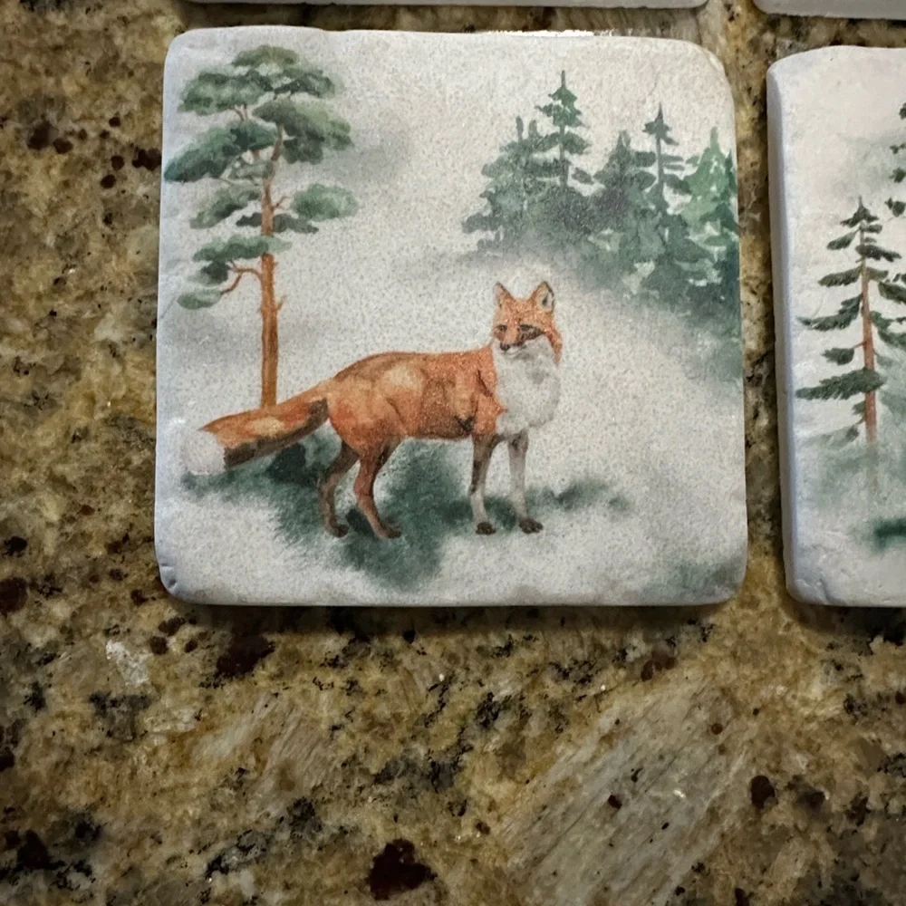 Vintage Forest Wildlife Ceramic Coaster Set - Bear, Elk, Fox, Rabbit